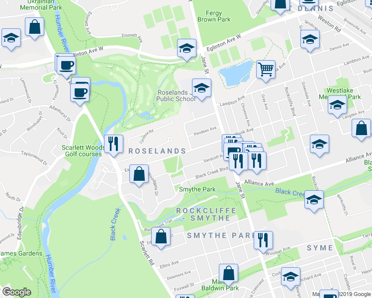 map of restaurants, bars, coffee shops, grocery stores, and more near 54 East Drive in Toronto