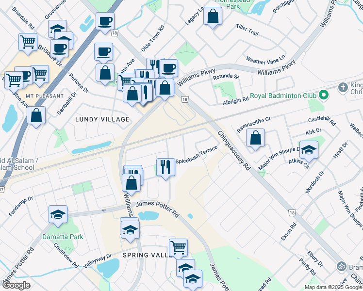 map of restaurants, bars, coffee shops, grocery stores, and more near 32 Wicklow Road in Brampton