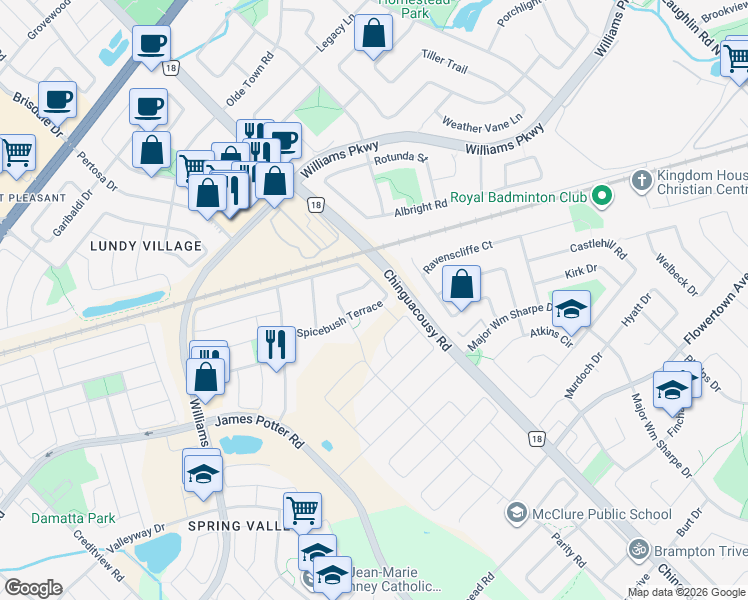 map of restaurants, bars, coffee shops, grocery stores, and more near 55 Spicebush Terrace in Brampton