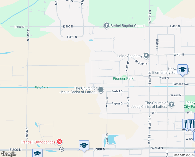 map of restaurants, bars, coffee shops, grocery stores, and more near 596 Caribou Street in Rigby