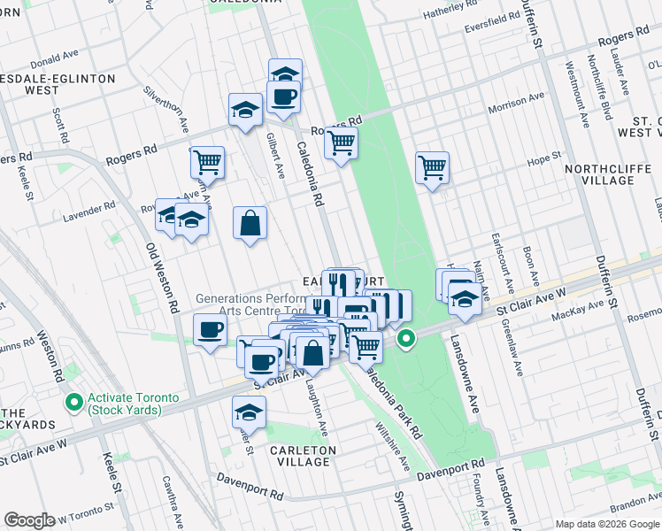 map of restaurants, bars, coffee shops, grocery stores, and more near in Toronto