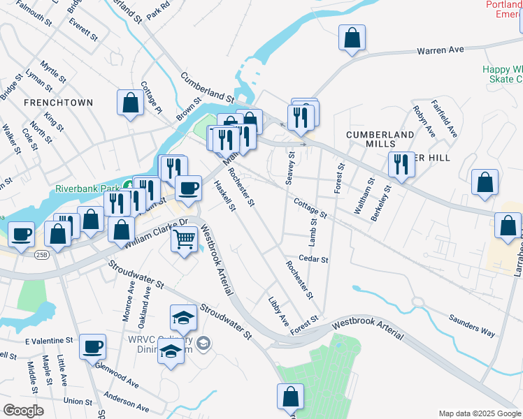 map of restaurants, bars, coffee shops, grocery stores, and more near 60 Rochester Street in Westbrook