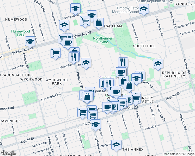 map of restaurants, bars, coffee shops, grocery stores, and more near in Toronto