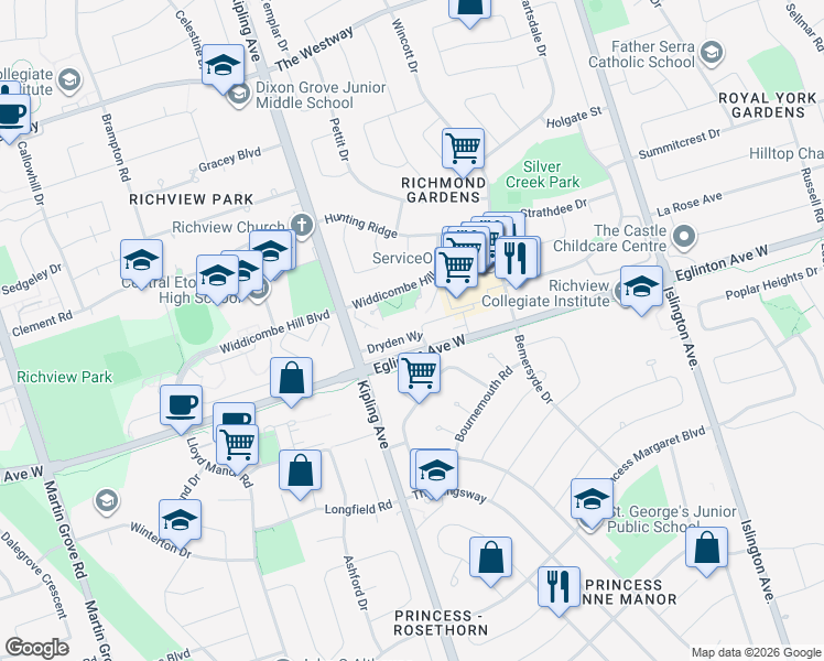 map of restaurants, bars, coffee shops, grocery stores, and more near 18 Dryden Way in Toronto