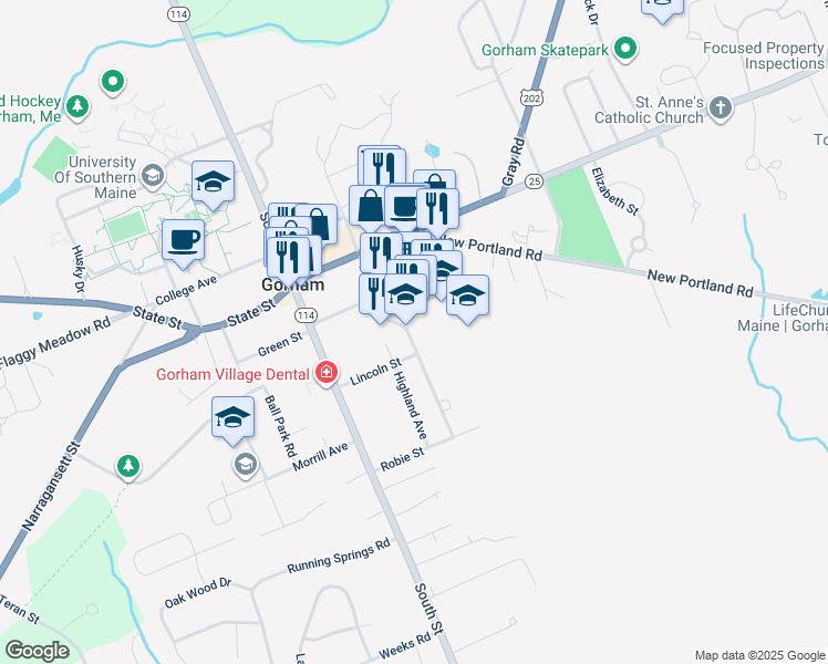 map of restaurants, bars, coffee shops, grocery stores, and more near 2 Robie Street in Gorham