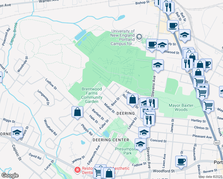 map of restaurants, bars, coffee shops, grocery stores, and more near 155 Brentwood Street in Portland