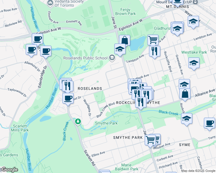 map of restaurants, bars, coffee shops, grocery stores, and more near 54 East Drive in Toronto