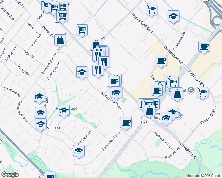 map of restaurants, bars, coffee shops, grocery stores, and more near 34 Rambler Drive in Brampton