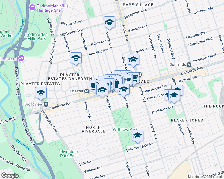 map of restaurants, bars, coffee shops, grocery stores, and more near 507 Danforth Avenue in Toronto