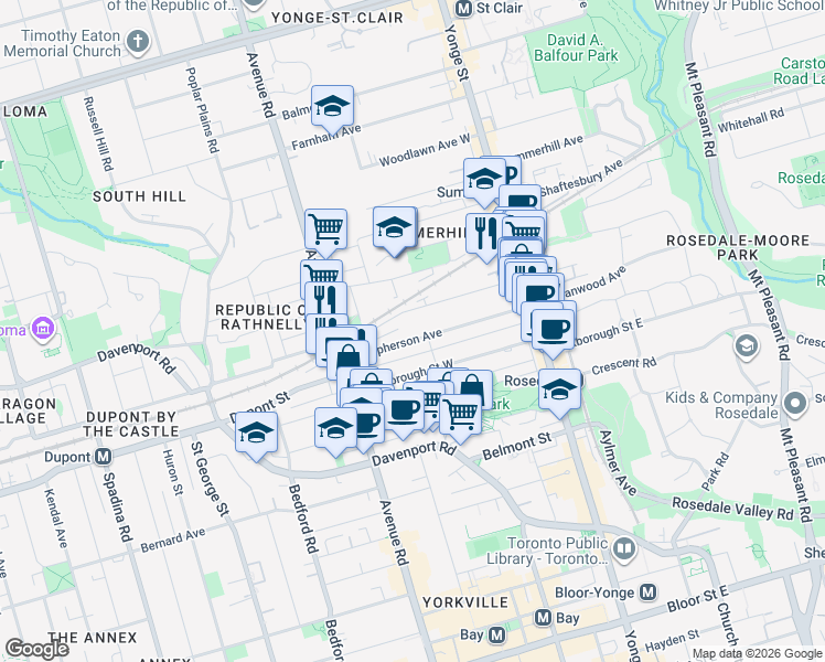 map of restaurants, bars, coffee shops, grocery stores, and more near 130 Macpherson Avenue in Toronto