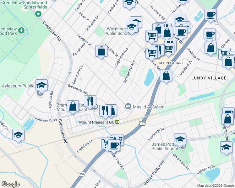 map of restaurants, bars, coffee shops, grocery stores, and more near 1 Springhurst Avenue in Brampton