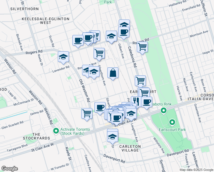 map of restaurants, bars, coffee shops, grocery stores, and more near 161 Silverthorn Avenue in Toronto