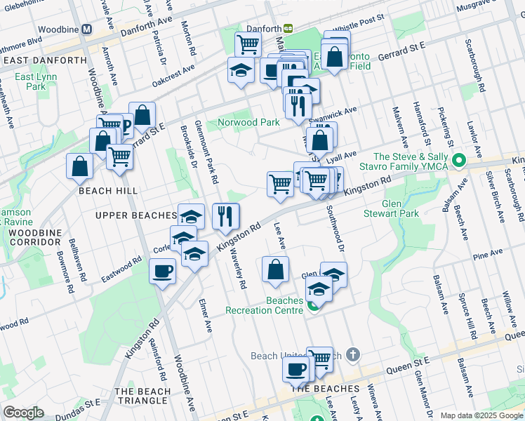 map of restaurants, bars, coffee shops, grocery stores, and more near 530 Kingston Road in Toronto