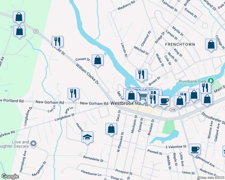 map of restaurants, bars, coffee shops, grocery stores, and more near 13 Breton Street in Westbrook