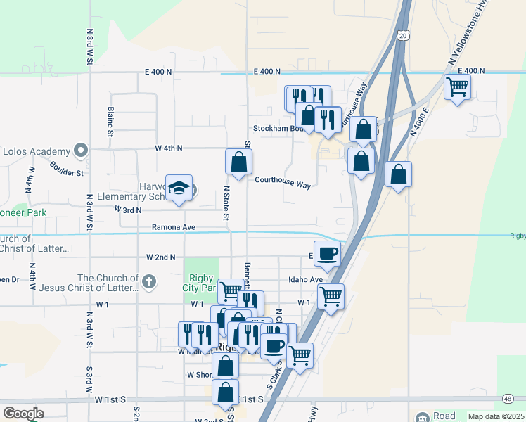 map of restaurants, bars, coffee shops, grocery stores, and more near 420 Annis Highway in Rigby