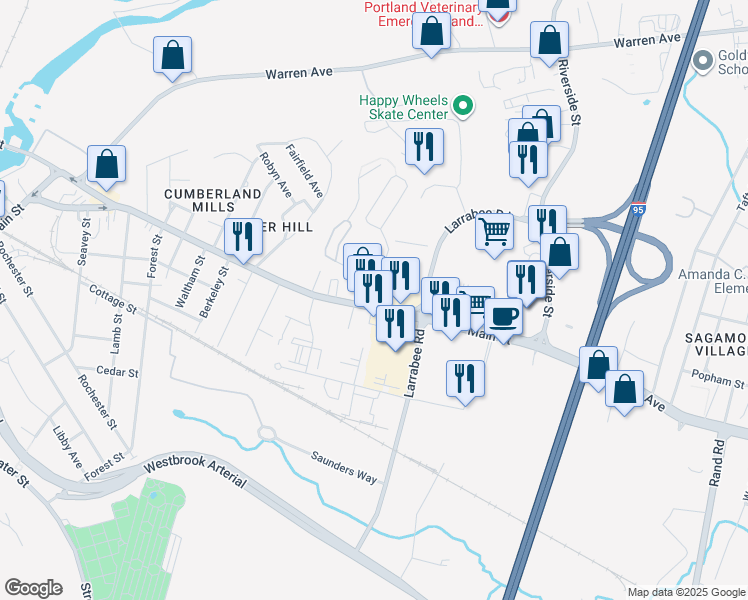 map of restaurants, bars, coffee shops, grocery stores, and more near 151 Main Street in Westbrook