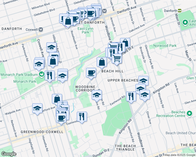 map of restaurants, bars, coffee shops, grocery stores, and more near in Toronto
