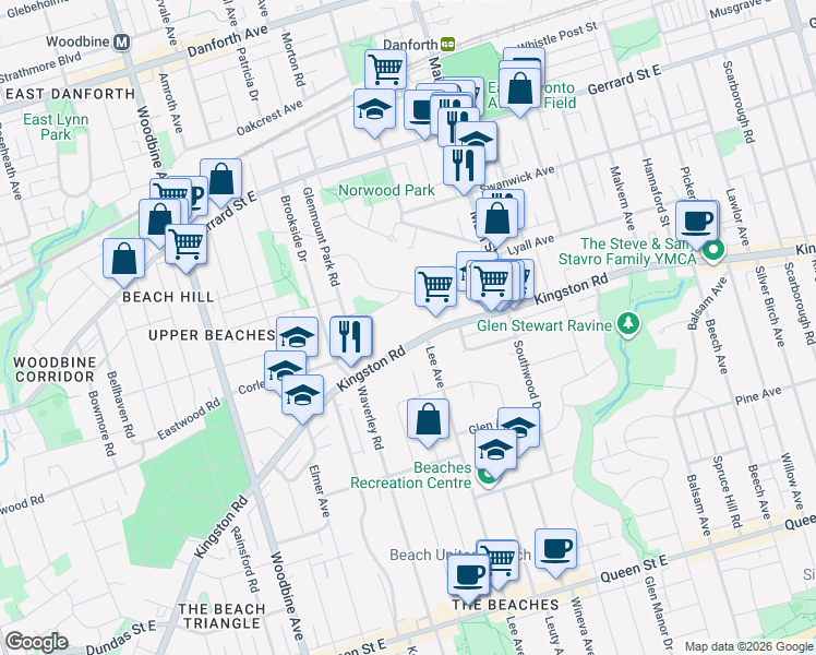 map of restaurants, bars, coffee shops, grocery stores, and more near 530 Kingston Road in Toronto