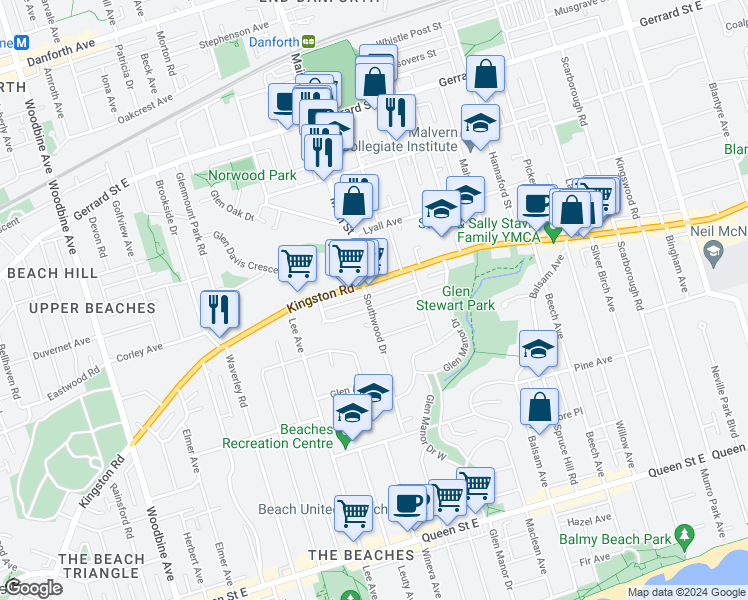 map of restaurants, bars, coffee shops, grocery stores, and more near 2 Glen Stewart Avenue in Toronto