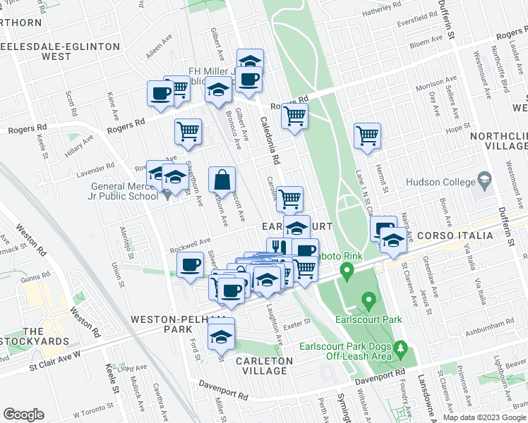 map of restaurants, bars, coffee shops, grocery stores, and more near 40 Gilbert Avenue in Toronto