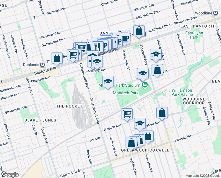 map of restaurants, bars, coffee shops, grocery stores, and more near 49 Felstead Avenue in Toronto
