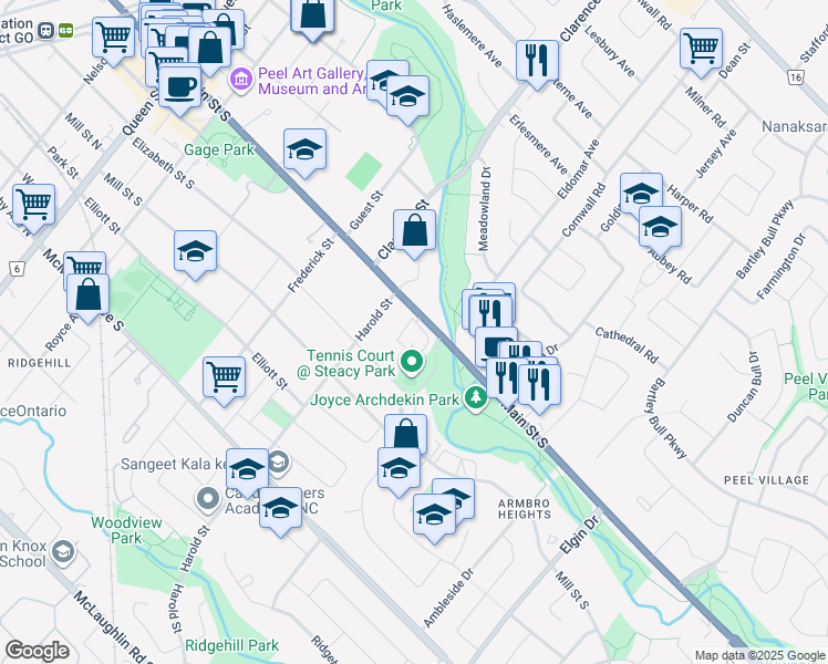 map of restaurants, bars, coffee shops, grocery stores, and more near 141 Main Street South in Brampton