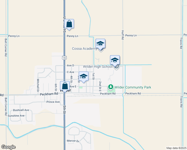 map of restaurants, bars, coffee shops, grocery stores, and more near 317 1st Street in Wilder