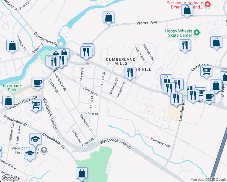 map of restaurants, bars, coffee shops, grocery stores, and more near 46 Waltham Street in Westbrook