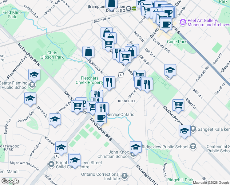 map of restaurants, bars, coffee shops, grocery stores, and more near 1 Haggert Avenue South in Brampton