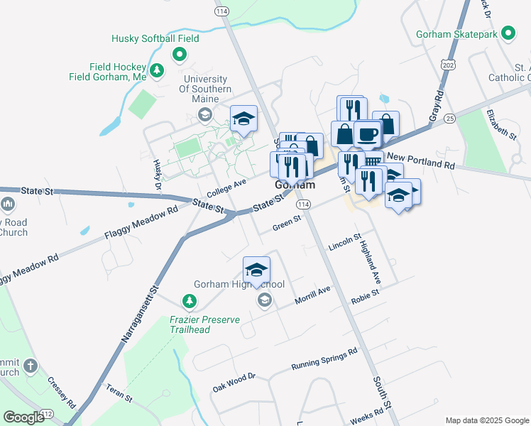 map of restaurants, bars, coffee shops, grocery stores, and more near 64a State Street in Gorham