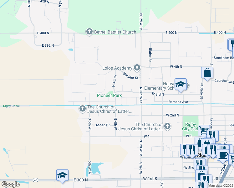 map of restaurants, bars, coffee shops, grocery stores, and more near 497 West 3rd North in Rigby