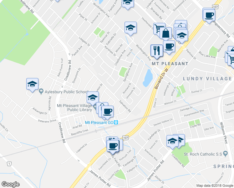 map of restaurants, bars, coffee shops, grocery stores, and more near 3 Springhurst Avenue in Brampton