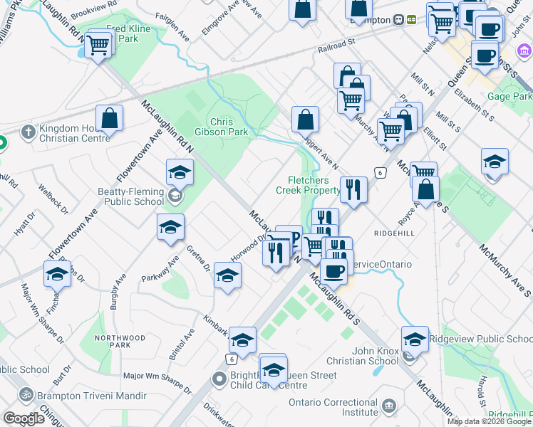 map of restaurants, bars, coffee shops, grocery stores, and more near 4 Braemore Road in Brampton