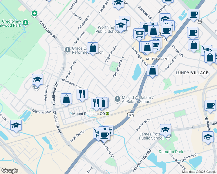 map of restaurants, bars, coffee shops, grocery stores, and more near in Brampton