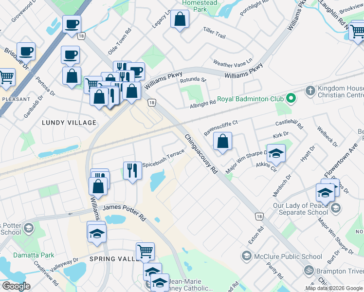 map of restaurants, bars, coffee shops, grocery stores, and more near 61 Spicebush Terrace in Brampton