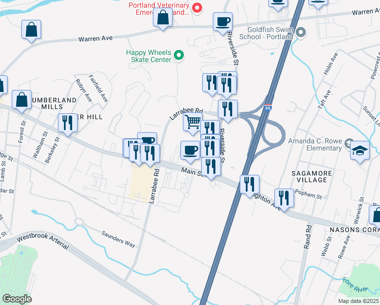 map of restaurants, bars, coffee shops, grocery stores, and more near 41 Main Street in Westbrook