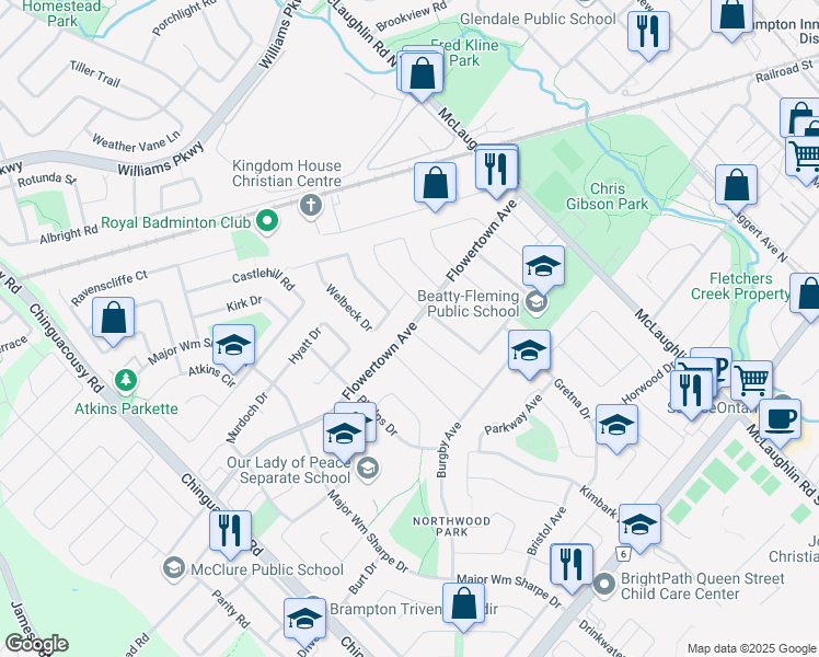 map of restaurants, bars, coffee shops, grocery stores, and more near 53 Flowertown Avenue in Brampton