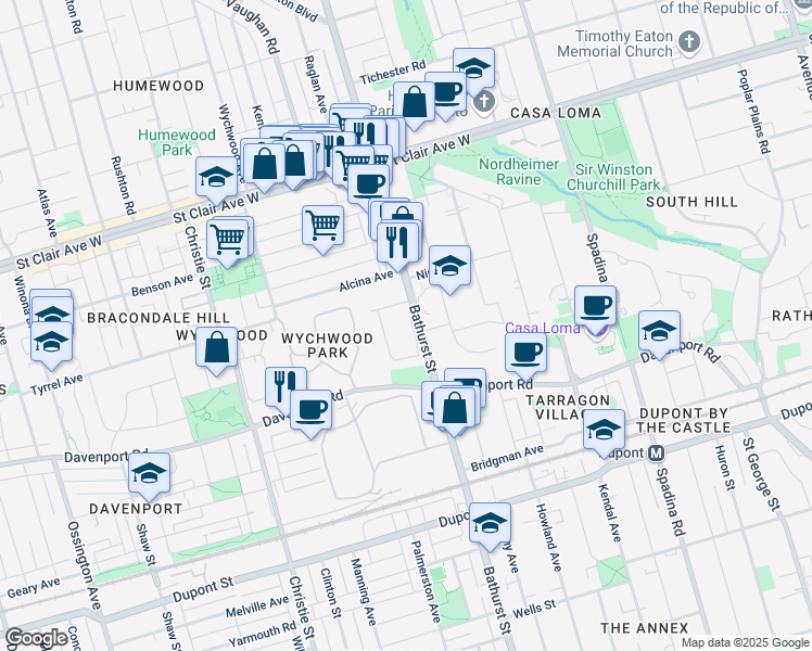 map of restaurants, bars, coffee shops, grocery stores, and more near 10 Burnside Drive in Toronto
