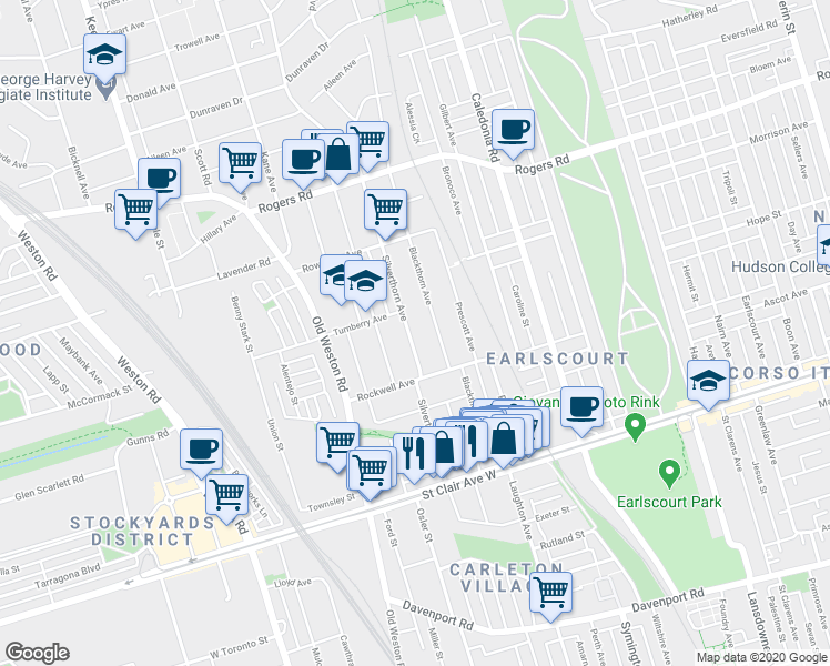 map of restaurants, bars, coffee shops, grocery stores, and more near 163 Silverthorn Avenue in Toronto