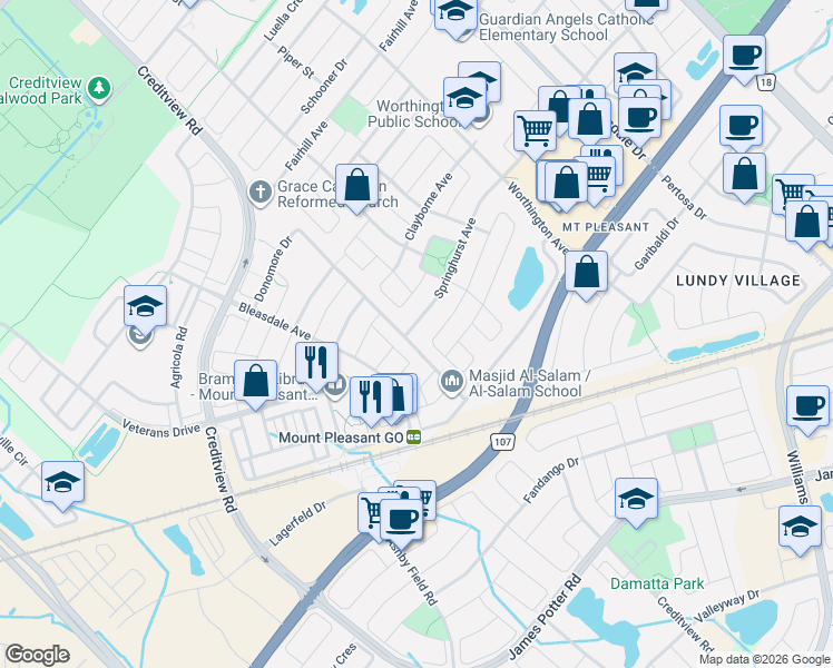 map of restaurants, bars, coffee shops, grocery stores, and more near 3 Springhurst Avenue in Brampton