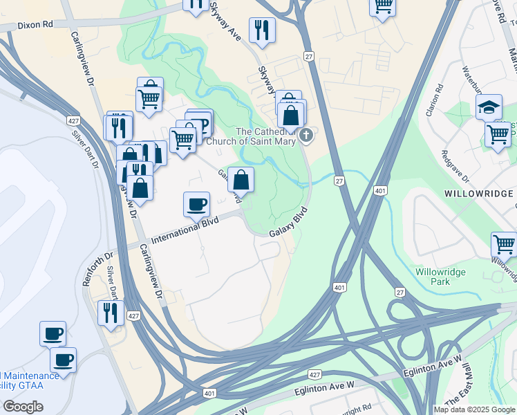 map of restaurants, bars, coffee shops, grocery stores, and more near in Toronto