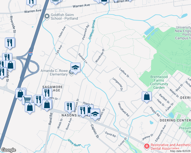 map of restaurants, bars, coffee shops, grocery stores, and more near 65 Candlewyck Terrace in Portland