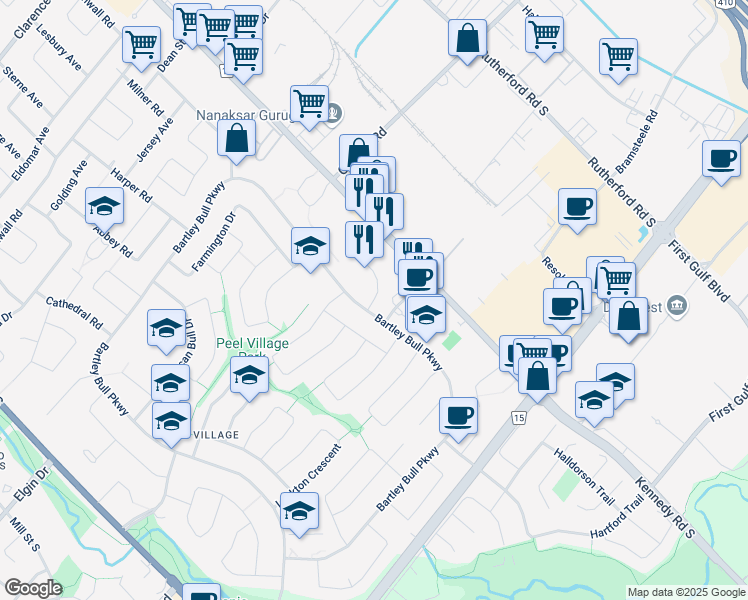 map of restaurants, bars, coffee shops, grocery stores, and more near 146 Town House Crescent in Brampton