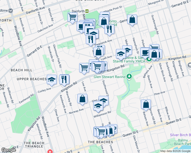 map of restaurants, bars, coffee shops, grocery stores, and more near 601 Kingston Road in Toronto