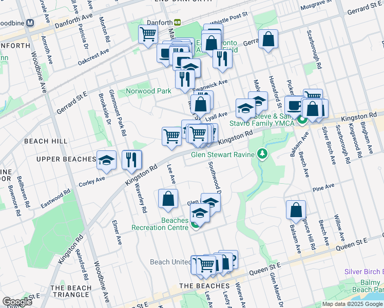 map of restaurants, bars, coffee shops, grocery stores, and more near 601 Kingston Road in Toronto