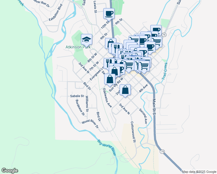 map of restaurants, bars, coffee shops, grocery stores, and more near 193-289 Sun Valley Road West in Ketchum