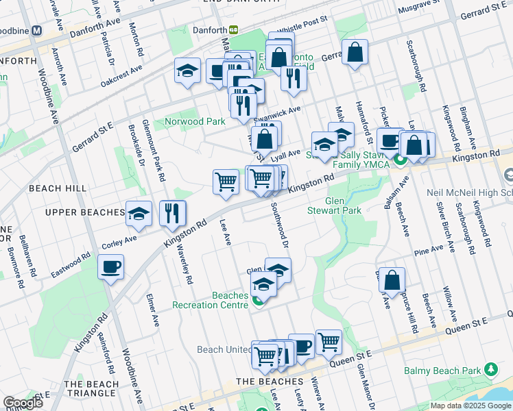 map of restaurants, bars, coffee shops, grocery stores, and more near 630 Kingston Road in Toronto