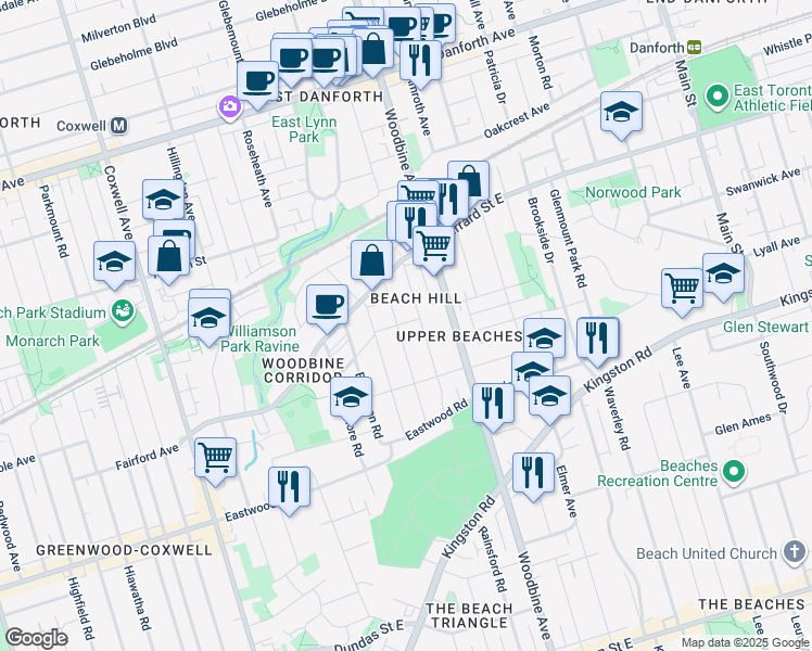map of restaurants, bars, coffee shops, grocery stores, and more near in Toronto