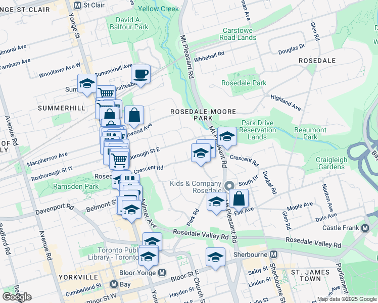 map of restaurants, bars, coffee shops, grocery stores, and more near 108 Crescent Road in Toronto