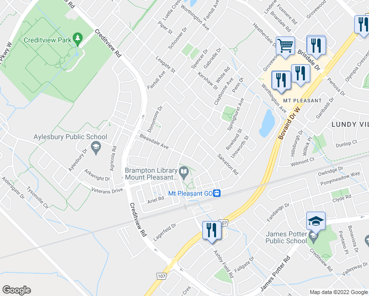 map of restaurants, bars, coffee shops, grocery stores, and more near 25 Dulverton Drive in Brampton